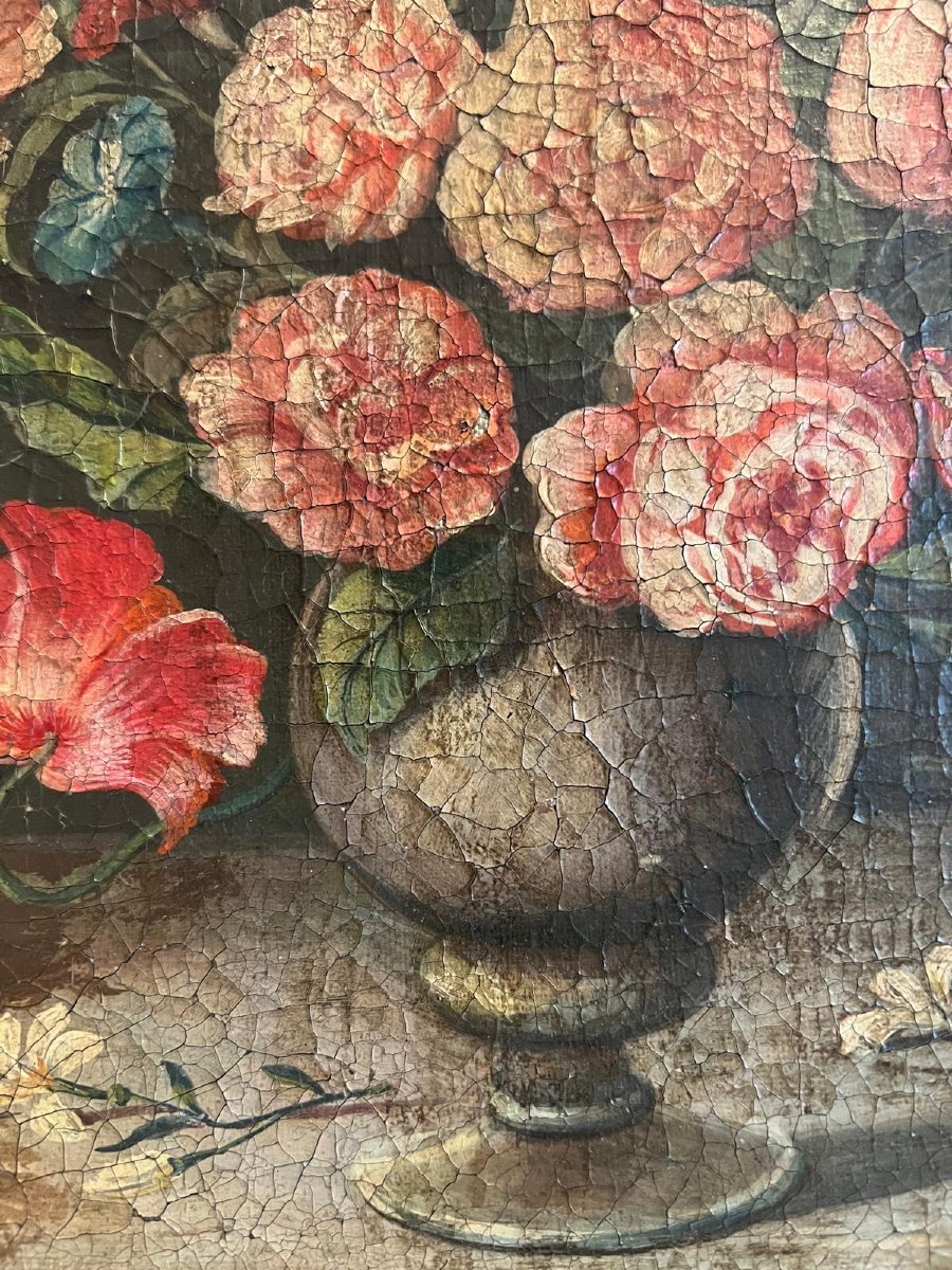 Tableau  Vase de fleurs,  Huile sur toile  19ème,  craquelé. -photo-2