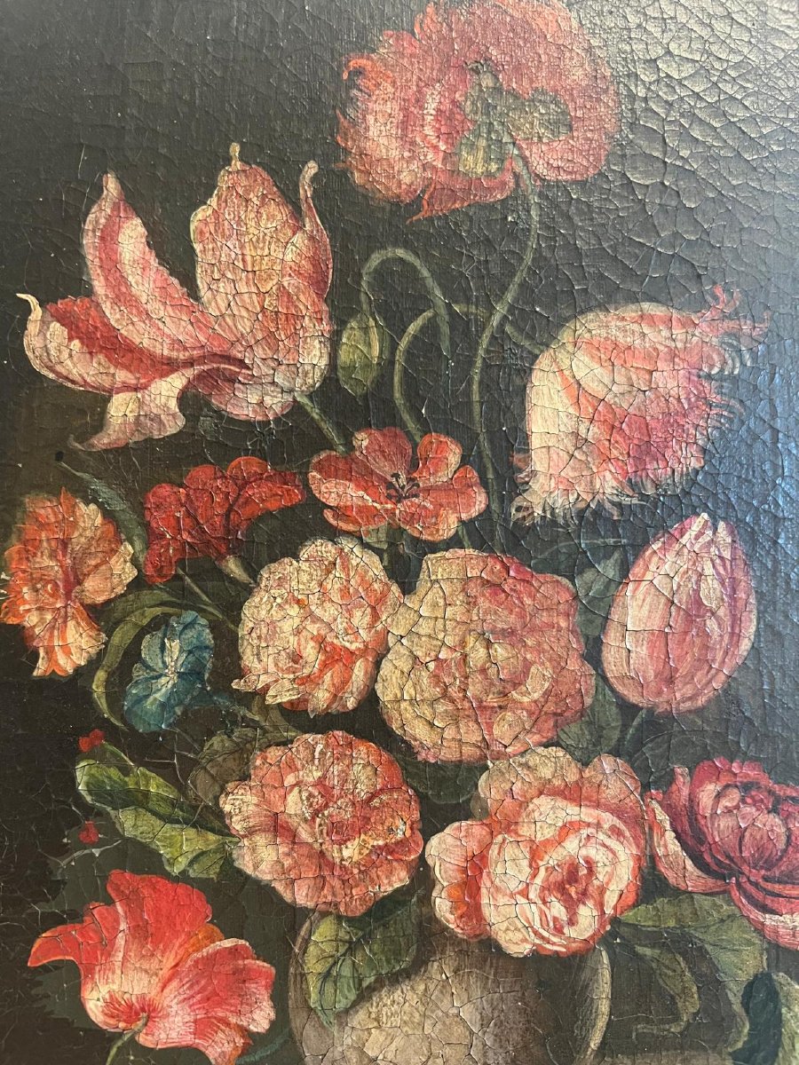 Tableau  Vase de fleurs,  Huile sur toile  19ème,  craquelé. -photo-4
