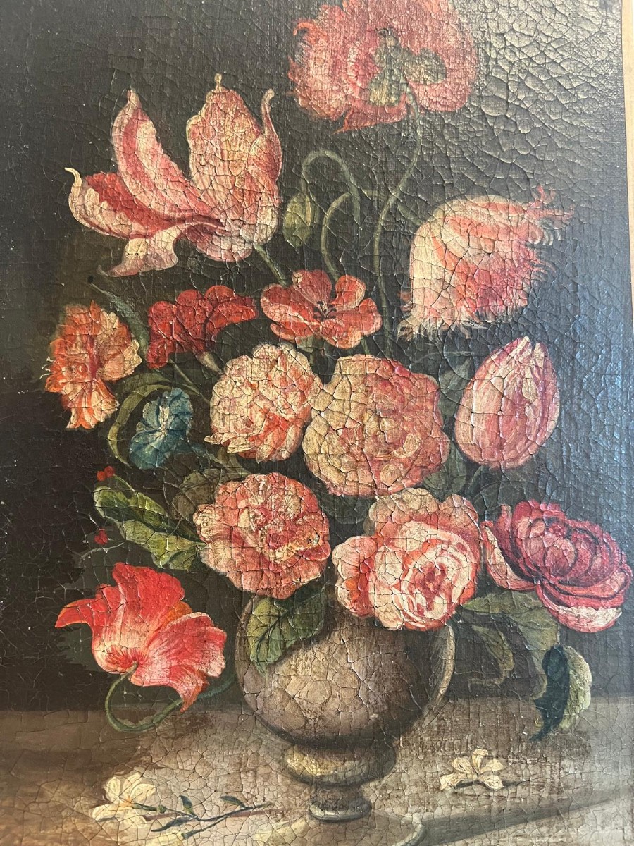 Tableau  Vase de fleurs,  Huile sur toile  19ème,  craquelé. 