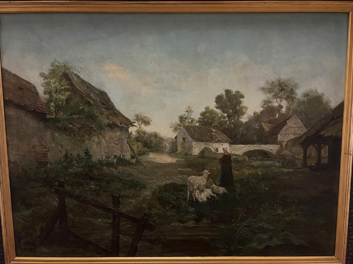 Painting Shepherdess And Her Sheep Signed Léon Ledru 1855-1926.-photo-1