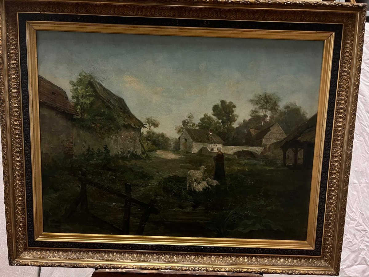 Painting Shepherdess And Her Sheep Signed Léon Ledru 1855-1926.-photo-2