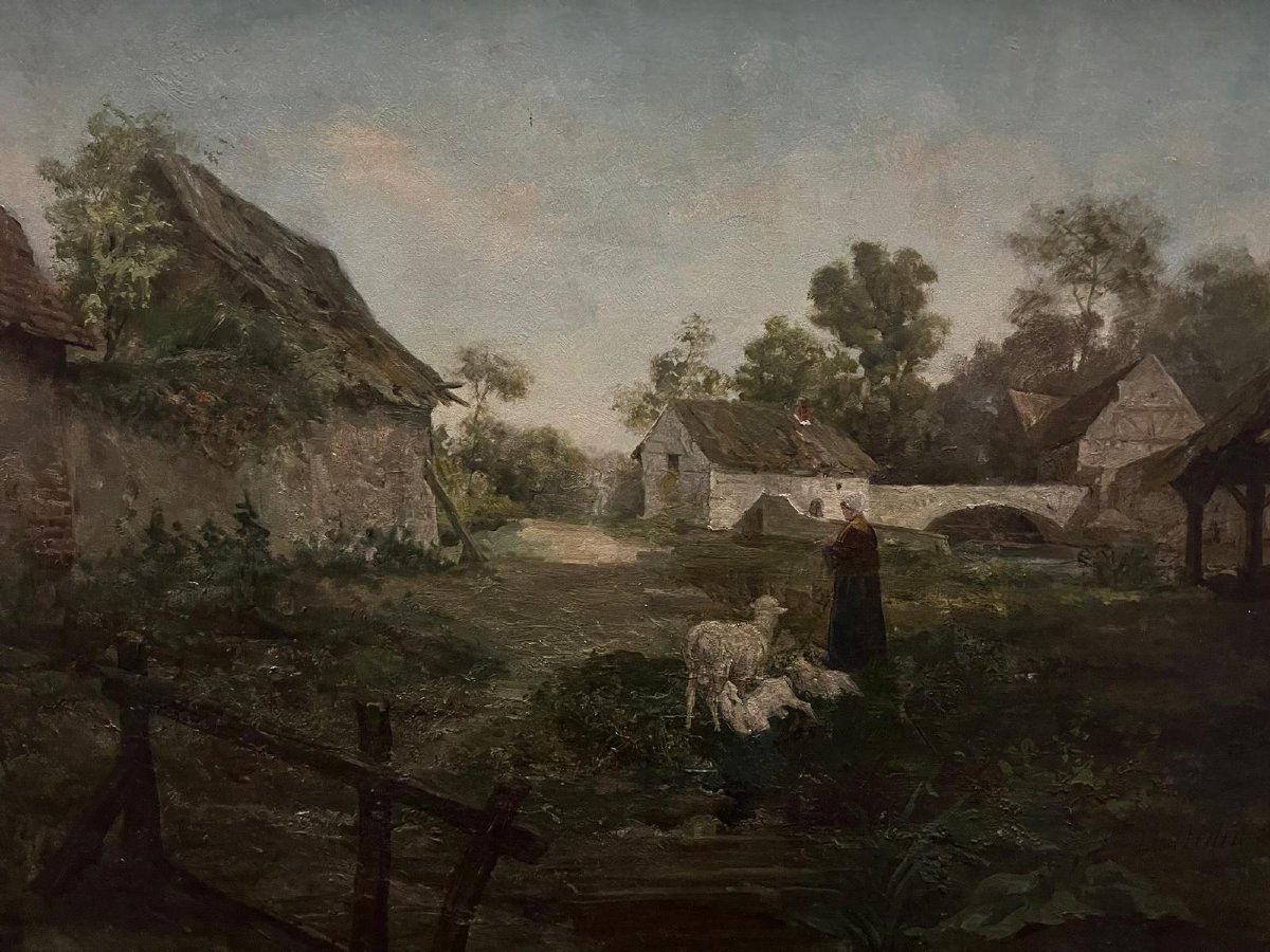 Painting Shepherdess And Her Sheep Signed Léon Ledru 1855-1926.-photo-3