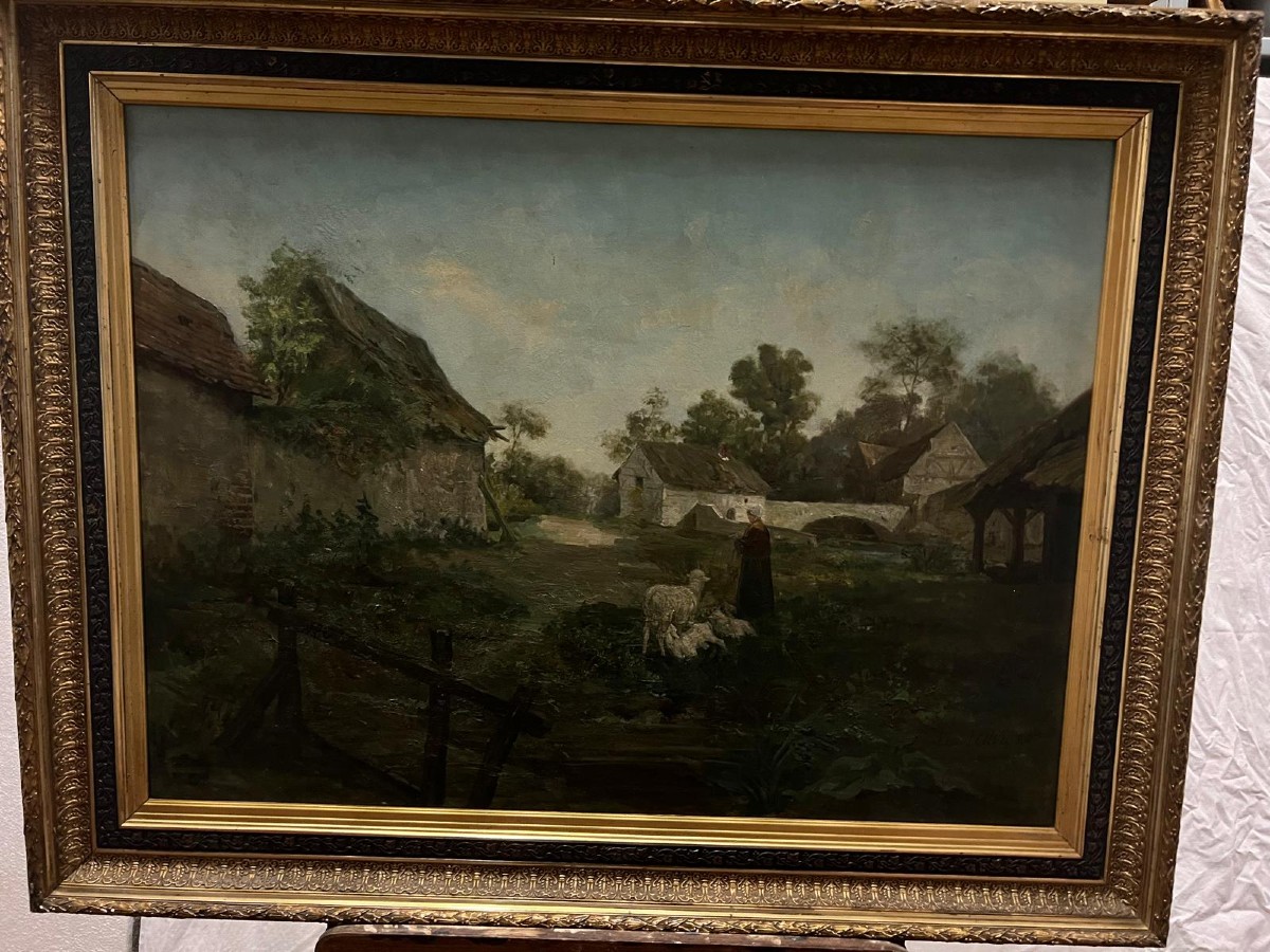 Painting Shepherdess And Her Sheep Signed Léon Ledru 1855-1926.