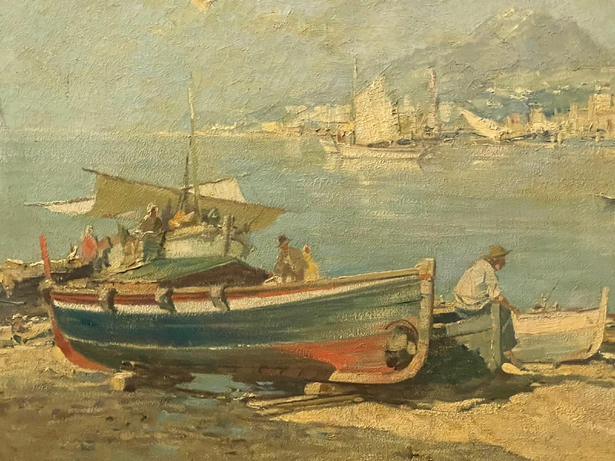 Tableau Italien pécheurs et Barques Signé Illisible. -photo-3