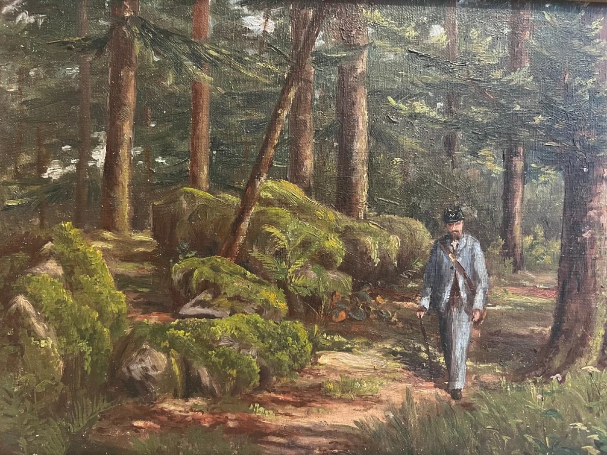 Tableau  Homme dans la Forêt Signé,   L. Schmitt,  19ème. -photo-2
