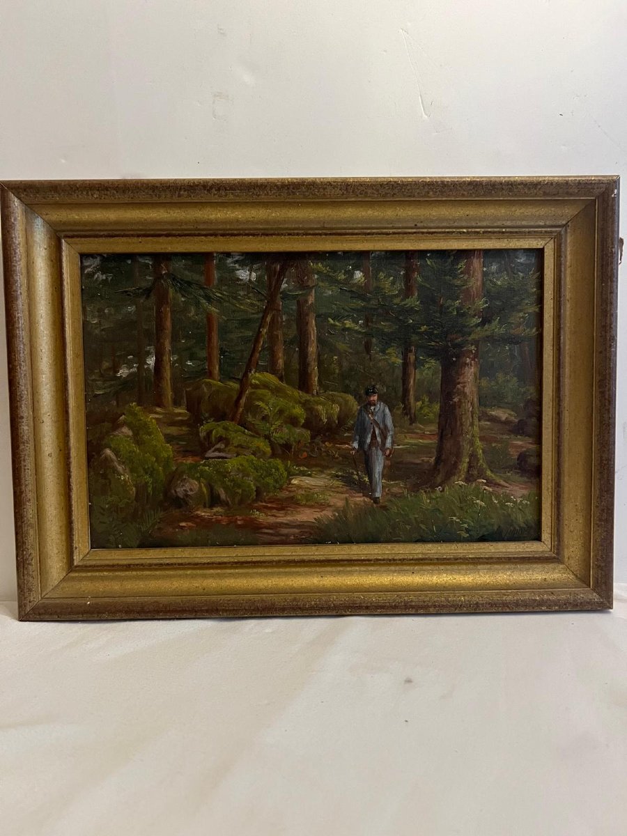 Tableau  Homme dans la Forêt Signé,   L. Schmitt,  19ème. -photo-2