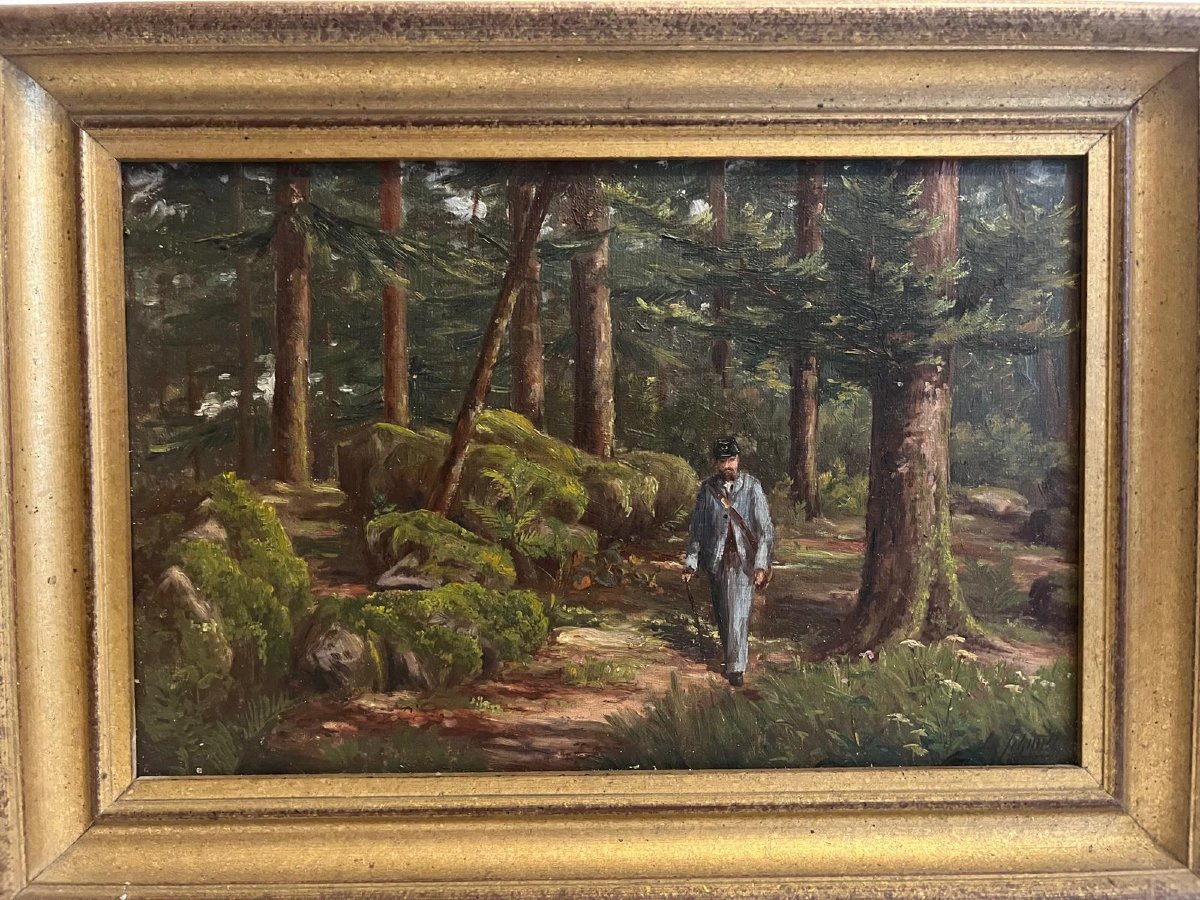 Tableau  Homme dans la Forêt Signé,   L. Schmitt,  19ème. -photo-3