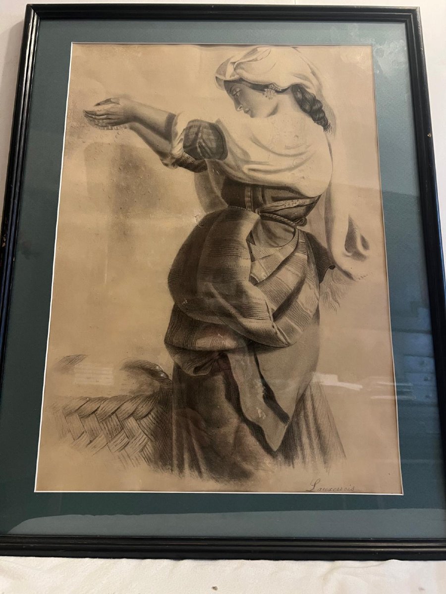 2 Paintings Portrait Of A Woman Signed Lauxerrois Charcoal On Paper. -photo-3