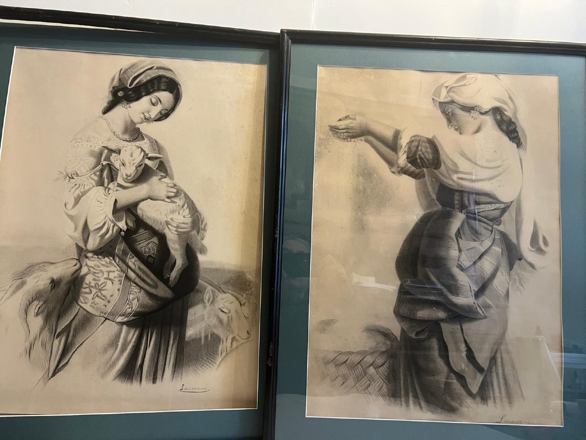 2 Paintings Portrait Of A Woman Signed Lauxerrois Charcoal On Paper. -photo-4