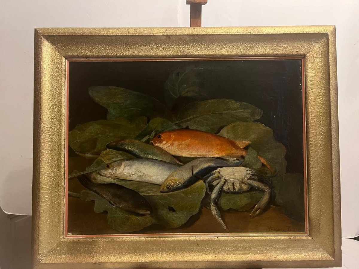 Tableau  Nature morte aux Poissons Signé Auguste Petit  1824-photo-3