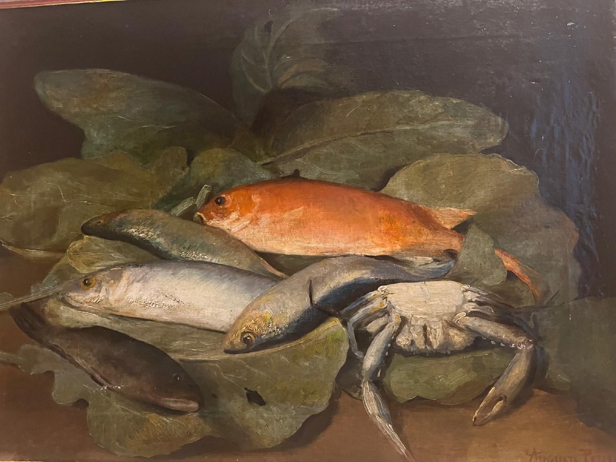 Tableau  Nature morte aux Poissons Signé Auguste Petit  1824-photo-1