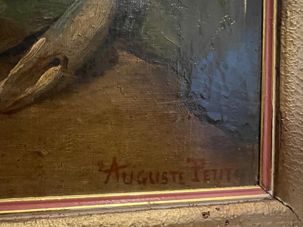 Tableau  Nature morte aux Poissons Signé Auguste Petit  1824-photo-3