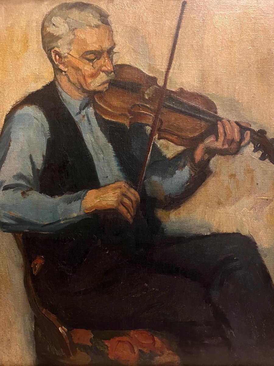 Tableau  le  Violoniste École Américaine, Étiquette  Roy  Camble  1887- 1972 Galerie USA au ver-photo-2