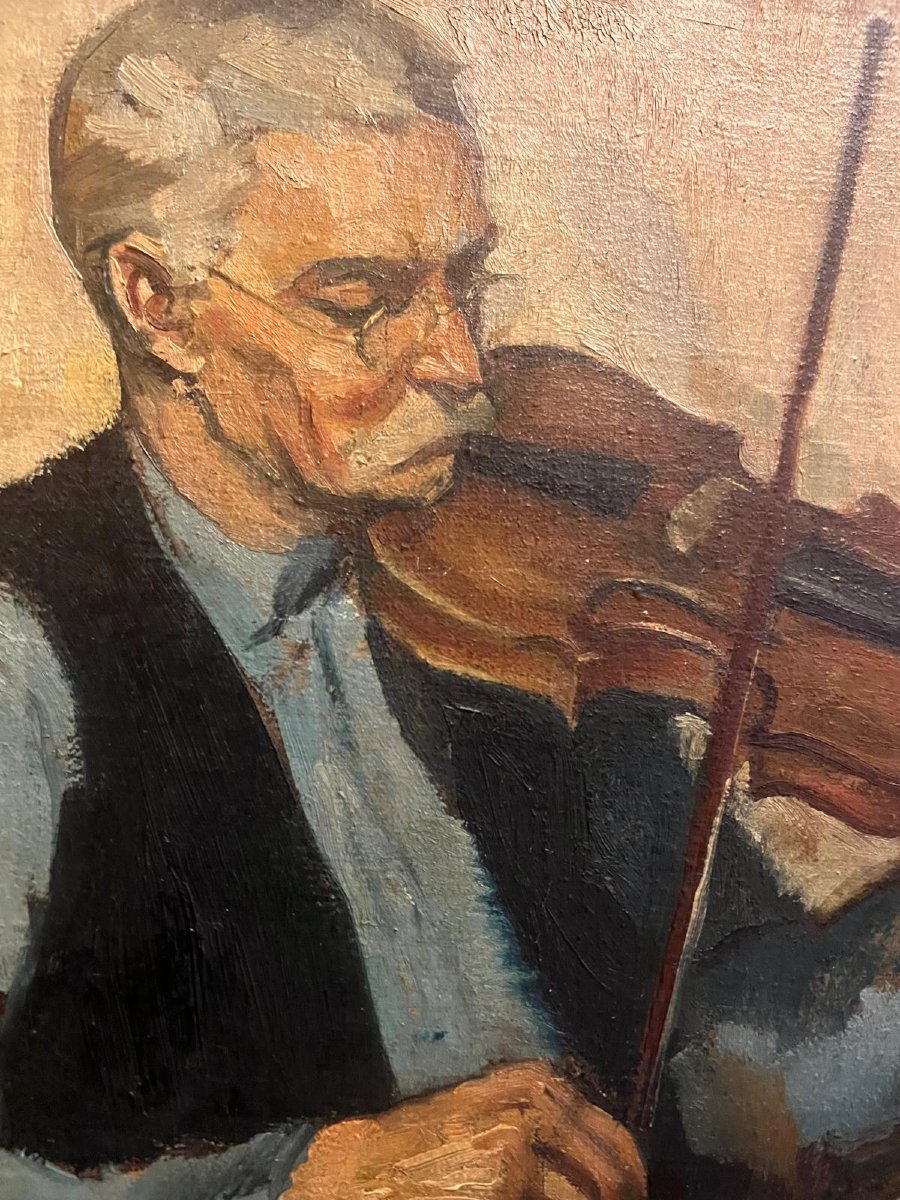 Tableau  le  Violoniste École Américaine, Étiquette  Roy  Camble  1887- 1972 Galerie USA au ver-photo-4
