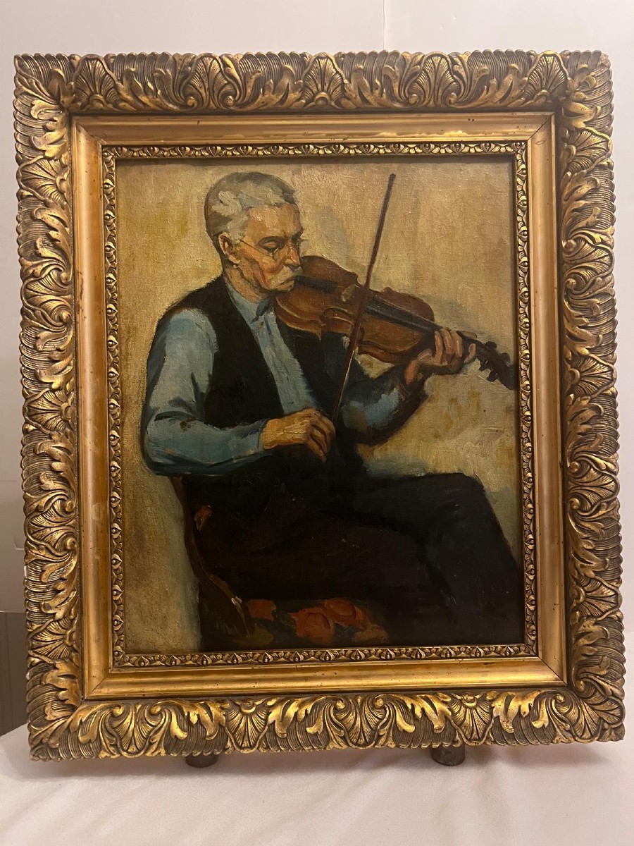 Tableau  le  Violoniste École Américaine, Étiquette  Roy  Camble  1887- 1972 Galerie USA au ver