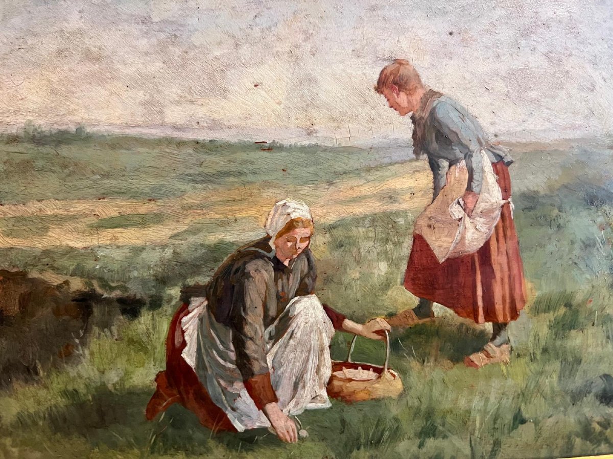 Mushroom Picking Painting 19th Century Oil On Wood -photo-2