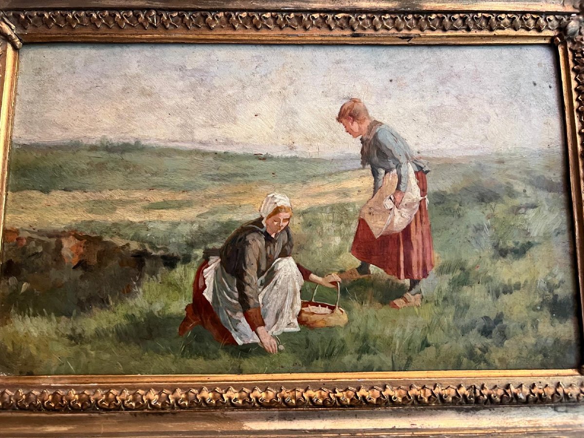 Mushroom Picking Painting 19th Century Oil On Wood -photo-3