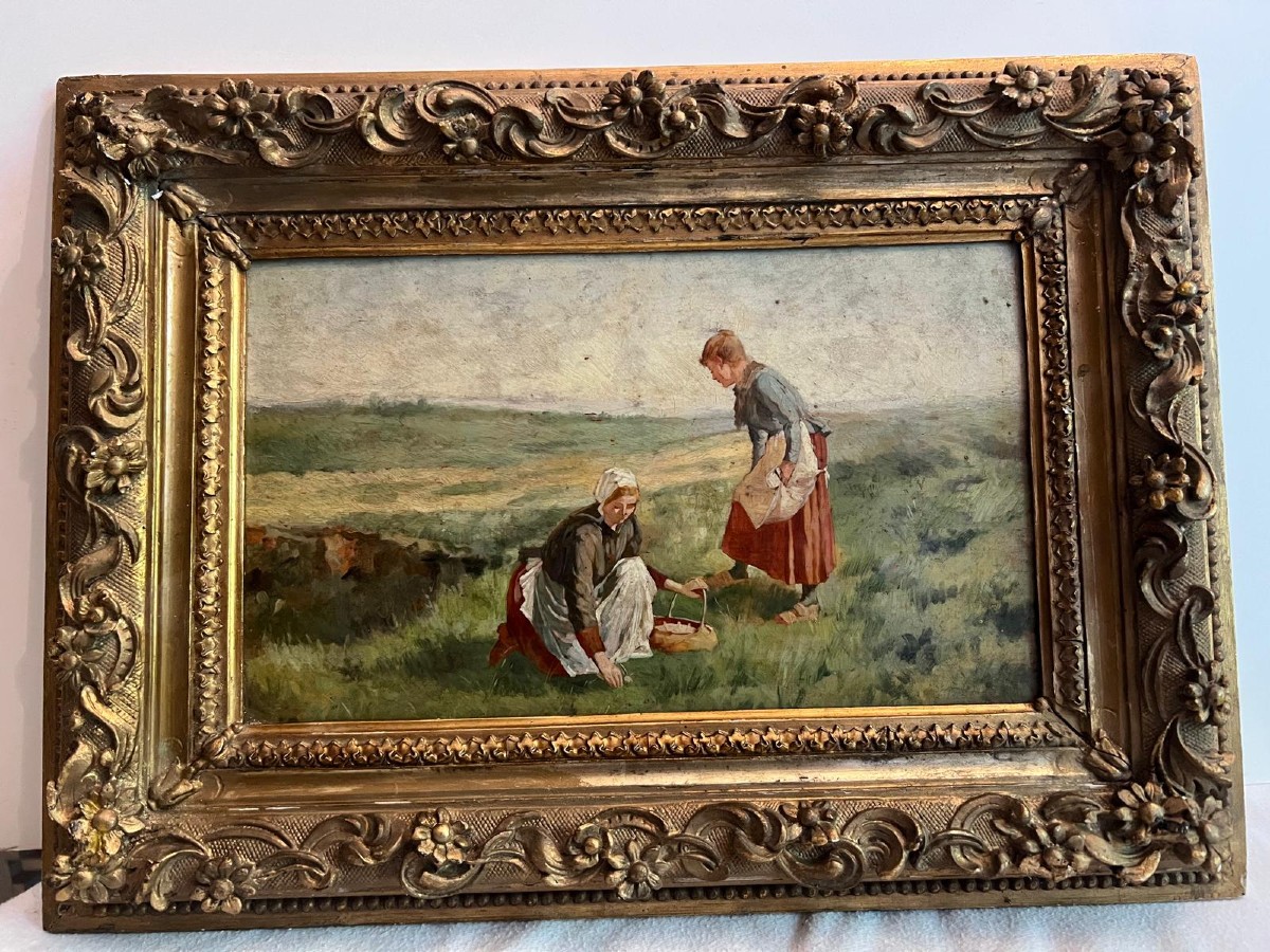 Mushroom Picking Painting 19th Century Oil On Wood 