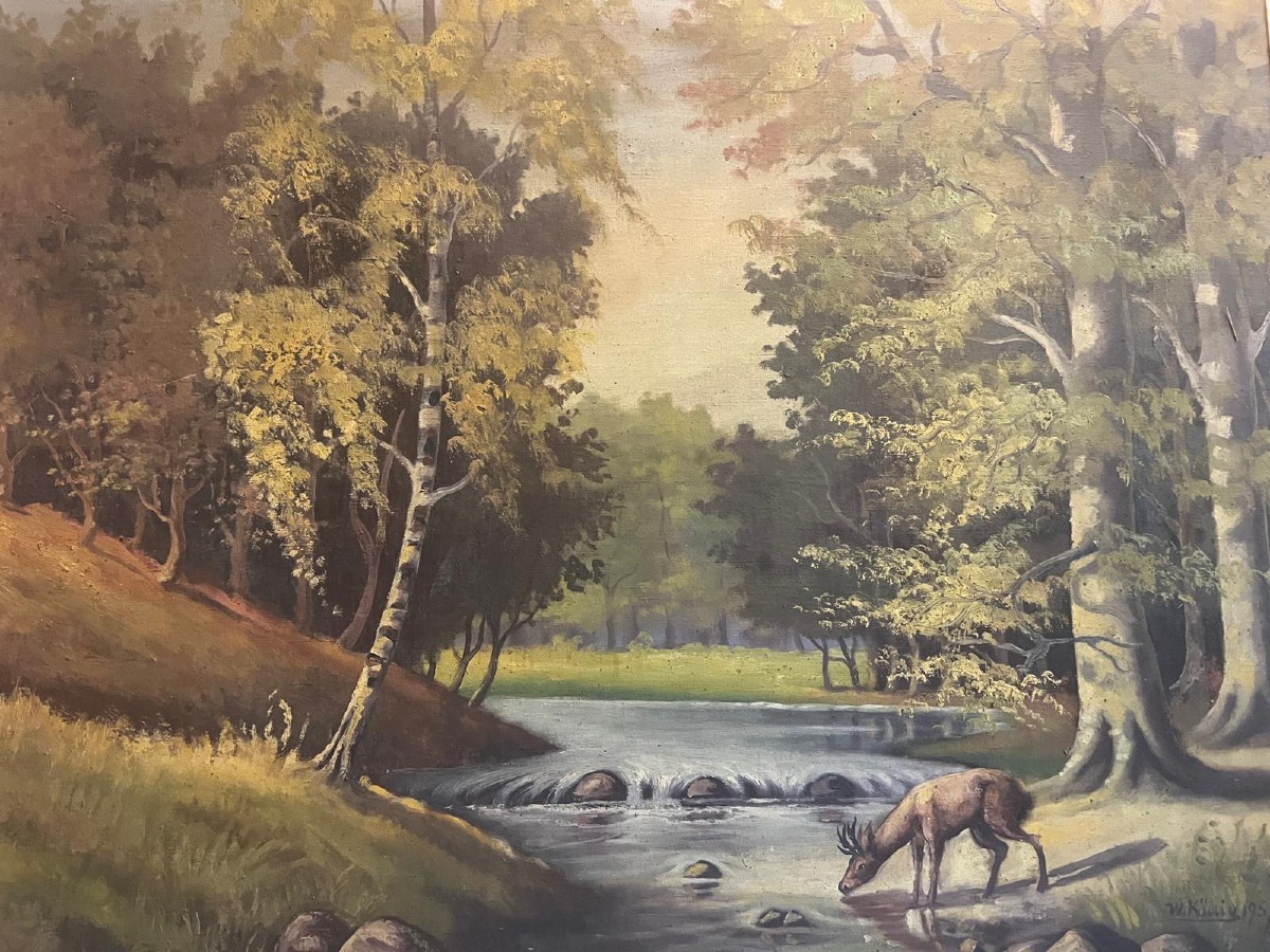 Painting Deer In The Forest Signed W. König. 