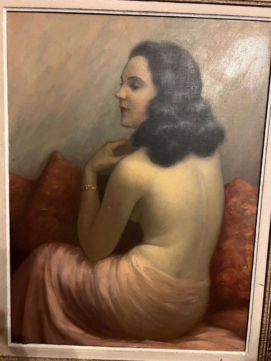 Painting Of A Woman From Behind, Signed Jean Jannel 1894, Sculpted Frame. -photo-1