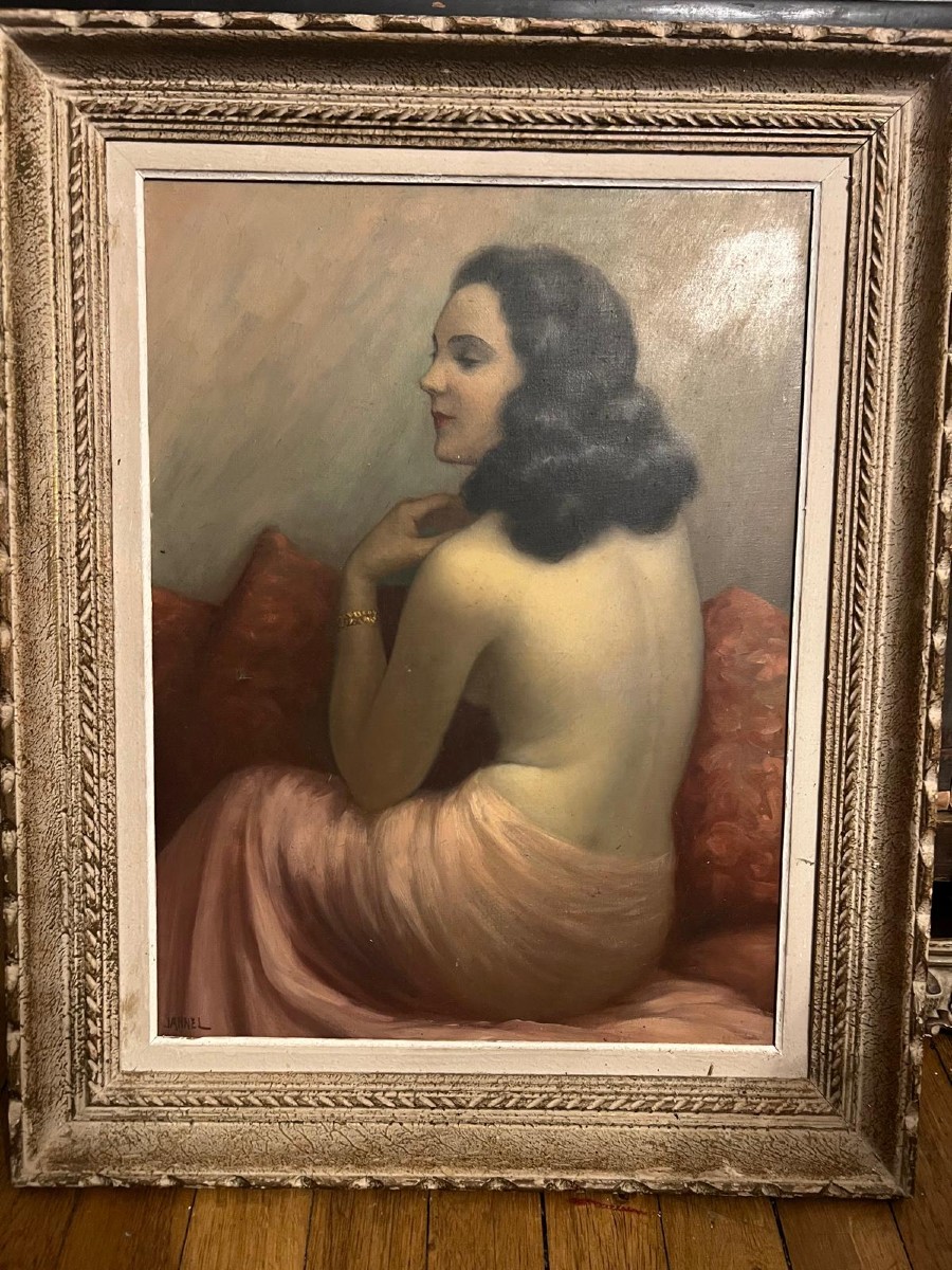 Painting Of A Woman From Behind, Signed Jean Jannel 1894, Sculpted Frame. 