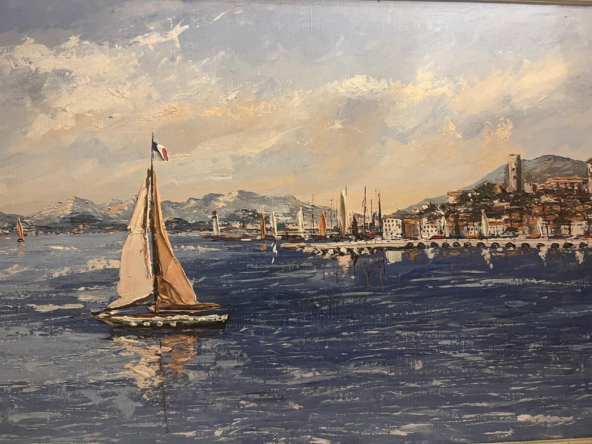 Tableau  vue de  Menton,  20 ème,   Huile sur toile . -photo-2