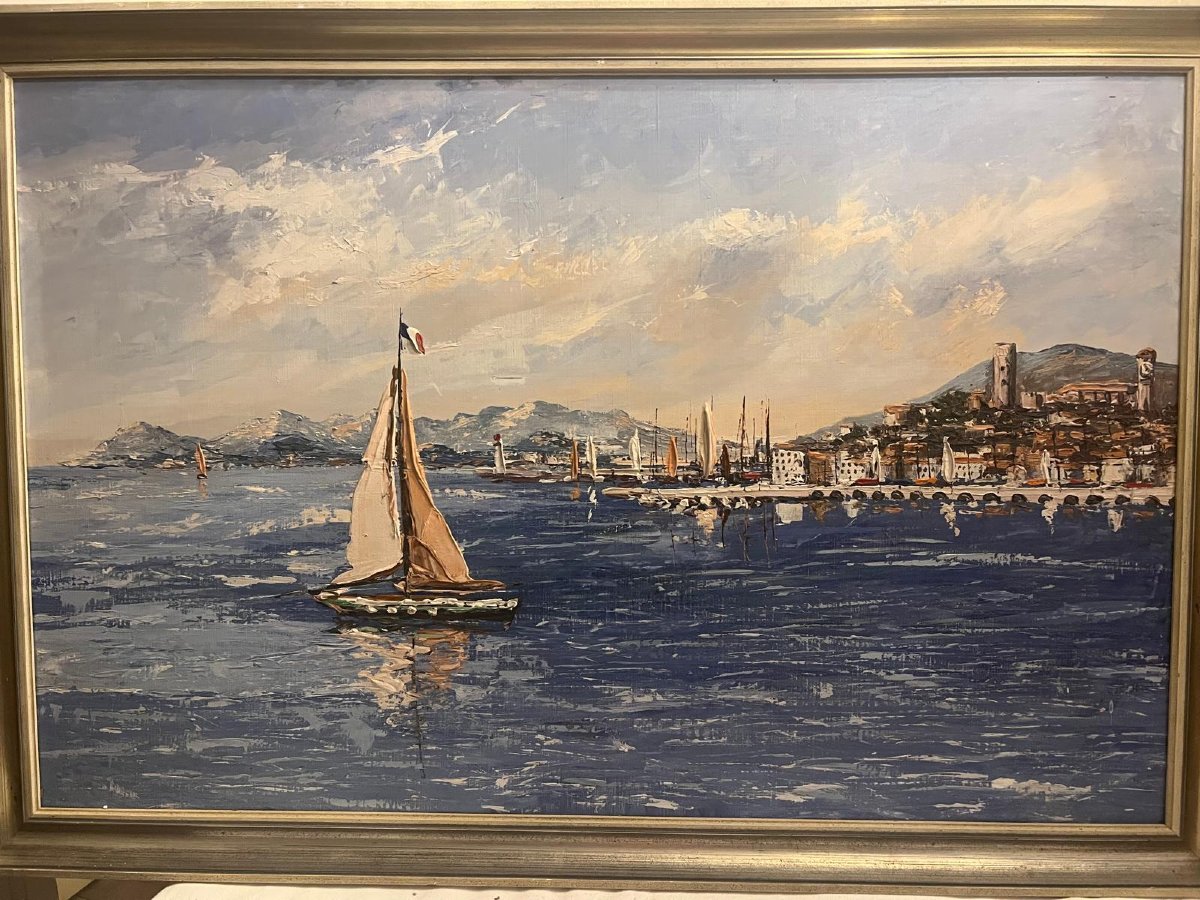 Tableau  vue de  Menton,  20 ème,   Huile sur toile . -photo-3