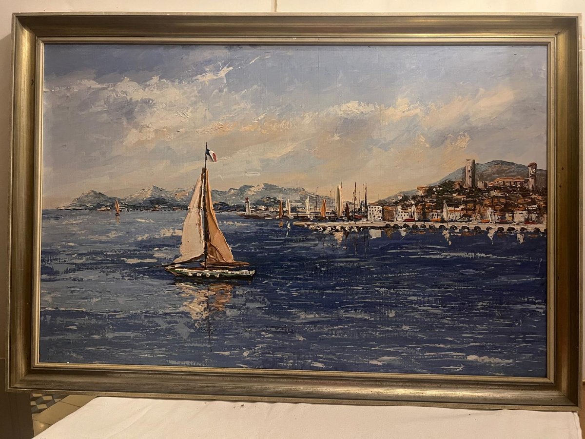Tableau  vue de  Menton,  20 ème,   Huile sur toile . -photo-4