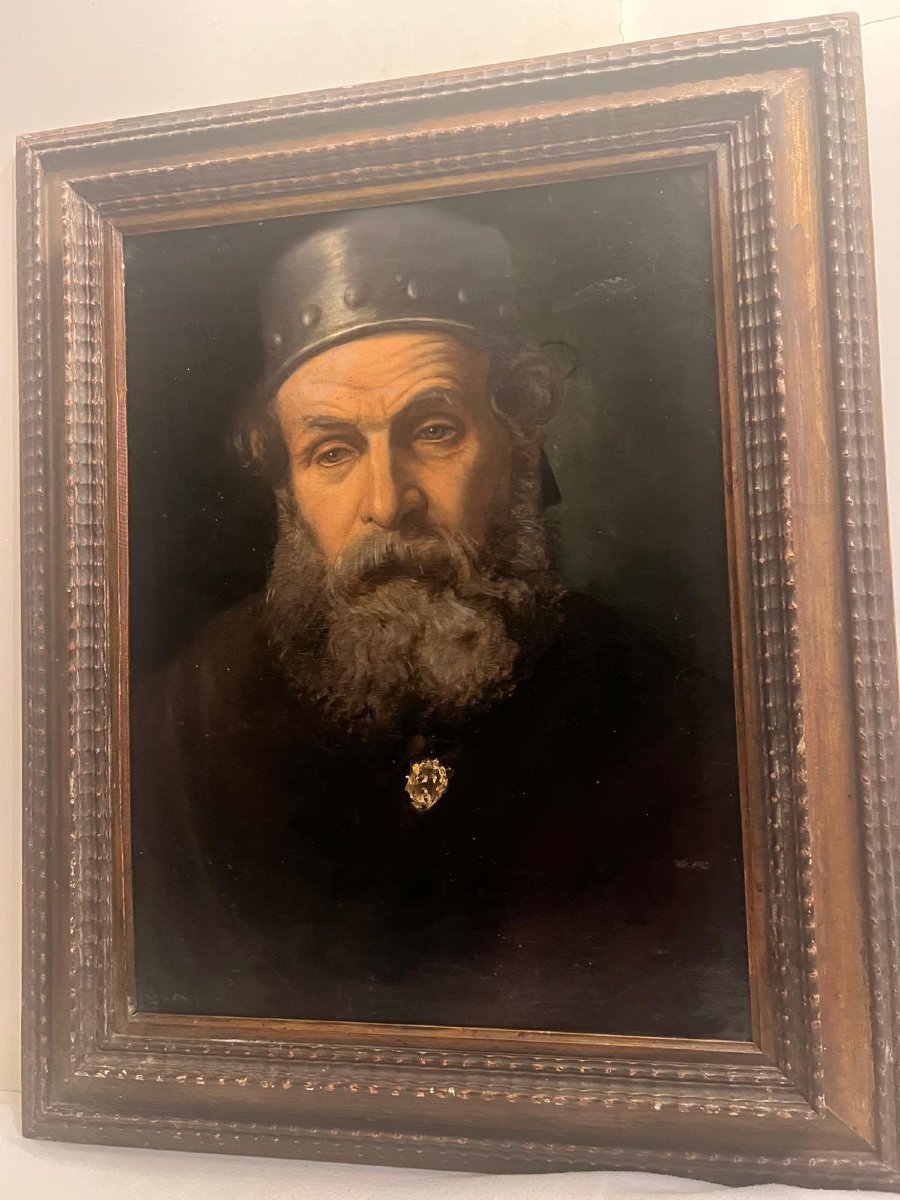 Tableau  Portrait d'homme  avec  Casque,  Rèentoilé  chasis neuf   très belle calité. -photo-3