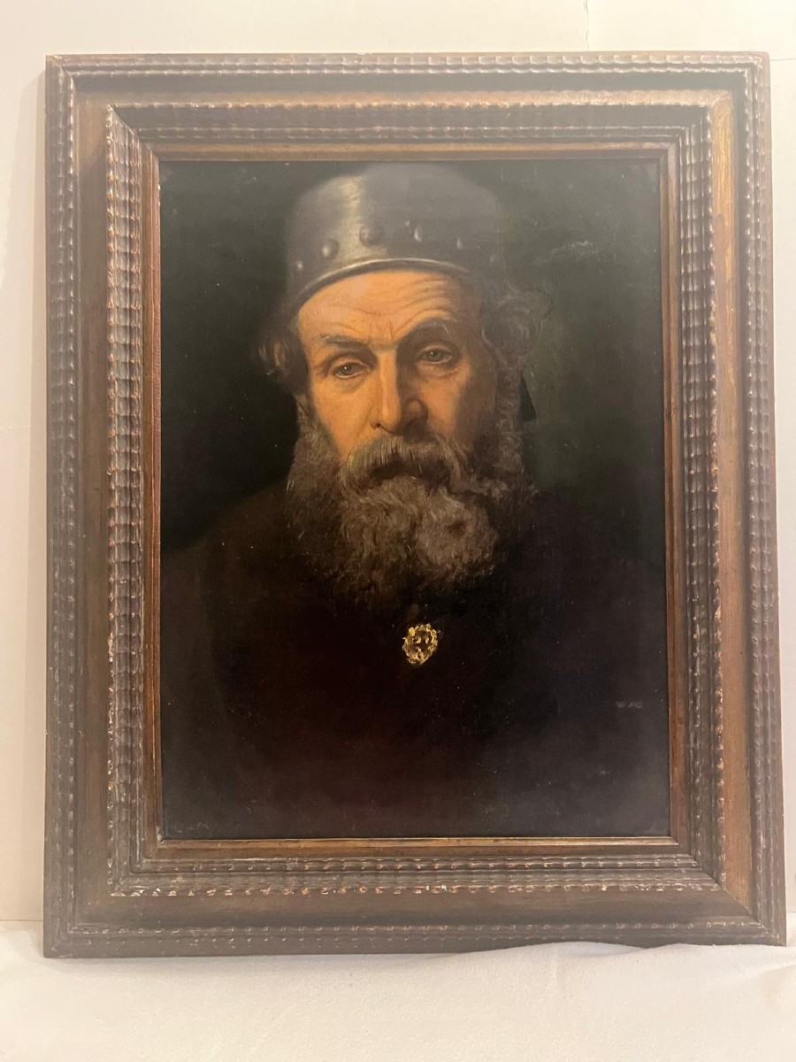 Tableau  Portrait d'homme  avec  Casque,  Rèentoilé  chasis neuf   très belle calité. 