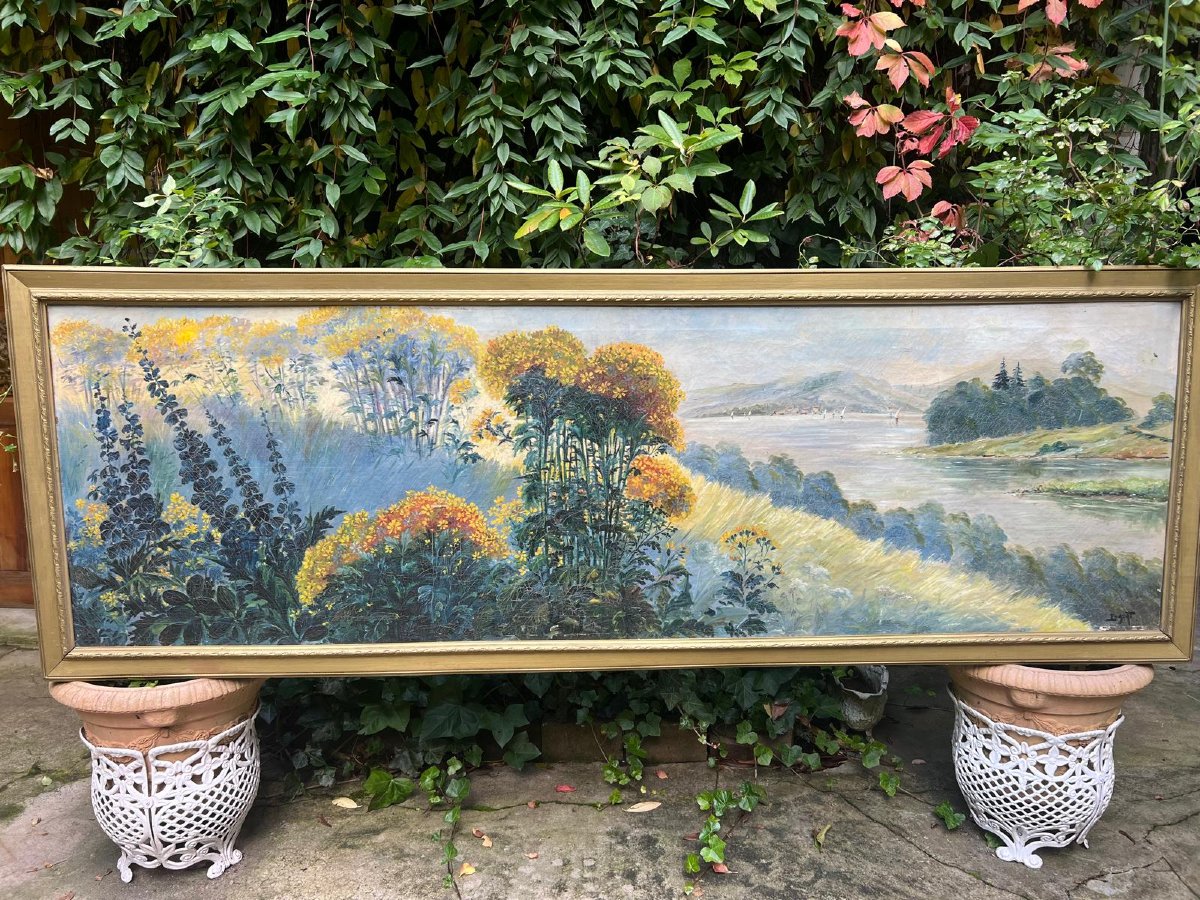 Painting Landscape Flowery Meadow Signed Illegible. -photo-3