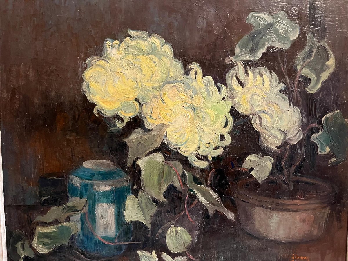 Still Life With Flowers Painting 20th Century Signed Simone Ramel, ? - 2013.-photo-2