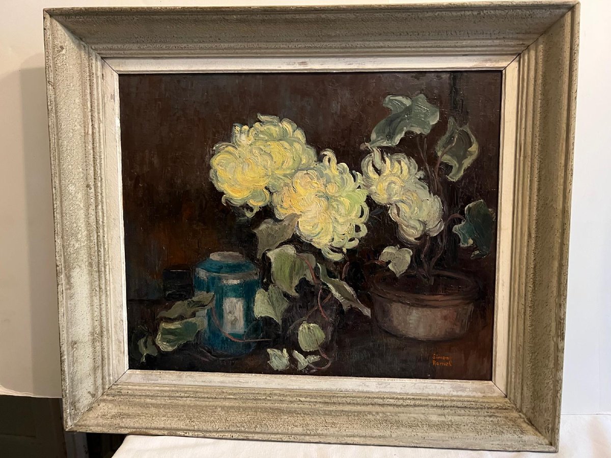 Still Life With Flowers Painting 20th Century Signed Simone Ramel, ? - 2013.-photo-3