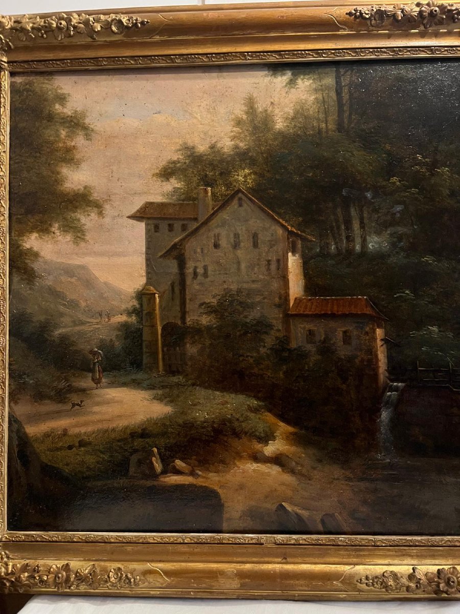 19th Century Painting Animated Landscape Oil On Wood Panel Very Nice Frame, "small Lack"-photo-2