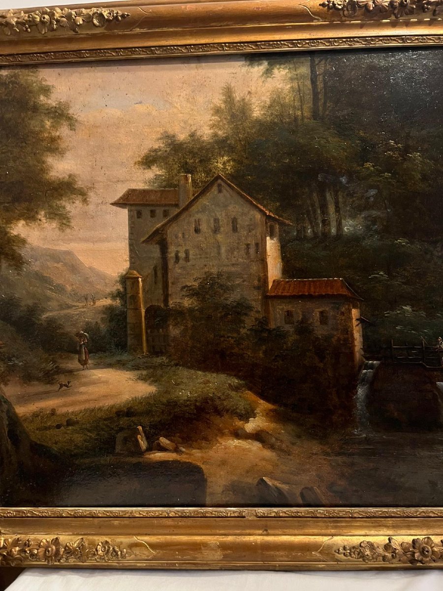 19th Century Painting Animated Landscape Oil On Wood Panel Very Nice Frame, "small Lack"-photo-1