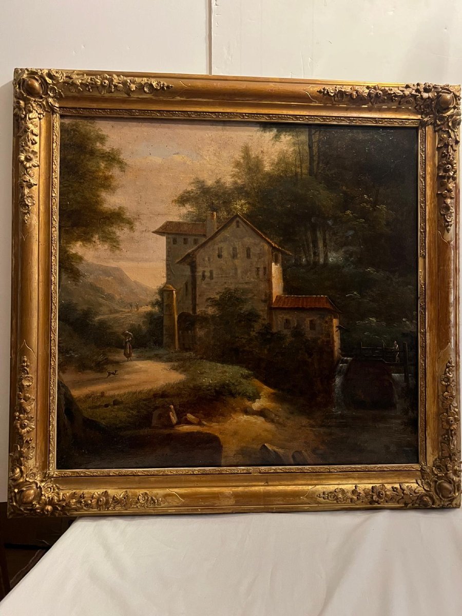 19th Century Painting Animated Landscape Oil On Wood Panel Very Nice Frame, "small Lack"-photo-2