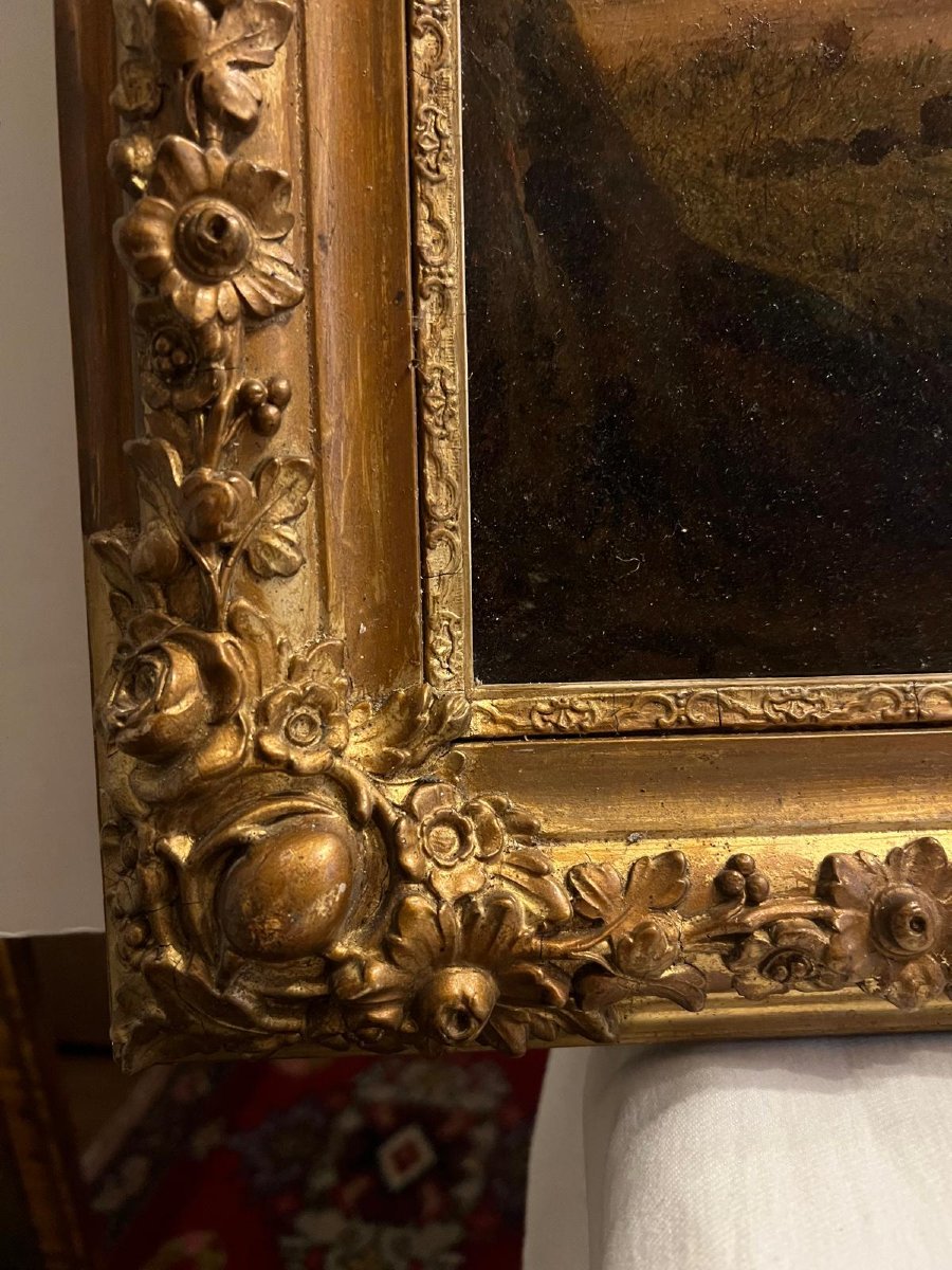 19th Century Painting Animated Landscape Oil On Wood Panel Very Nice Frame, "small Lack"-photo-4