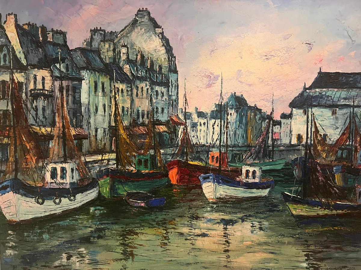 Painting Of A Sailboat Port Signed Yves Gonec 20th Century. -photo-1