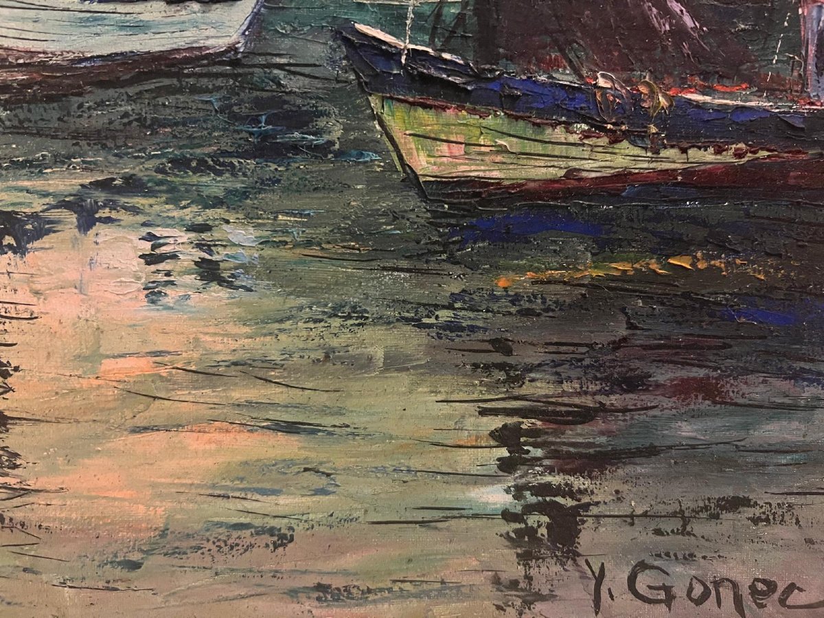 Painting Of A Sailboat Port Signed Yves Gonec 20th Century. -photo-2