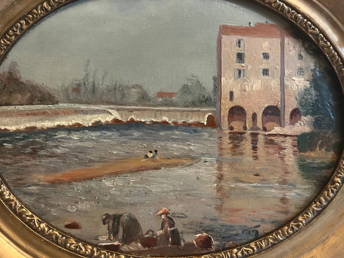 19th Century Animated Landscape Painting, Rest Of Signature Bas D. Oil On Wood. -photo-2