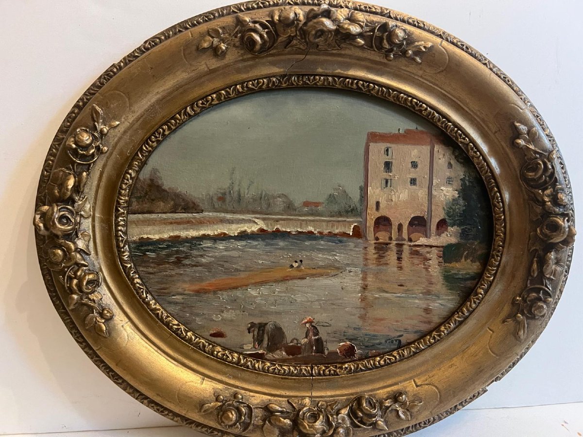 19th Century Animated Landscape Painting, Rest Of Signature Bas D. Oil On Wood. -photo-1