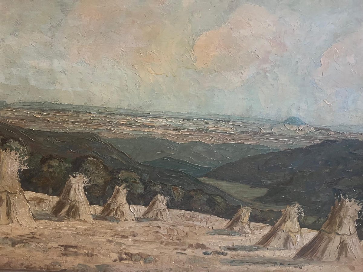 Tableau  École  Russe  la Moisson Signé Bas Gauche Illisible, Huile sur Panneau. -photo-1