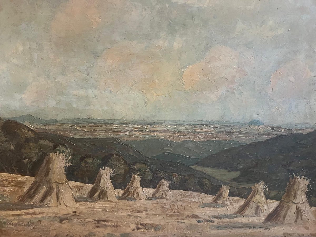 Tableau  École  Russe  la Moisson Signé Bas Gauche Illisible, Huile sur Panneau. -photo-2