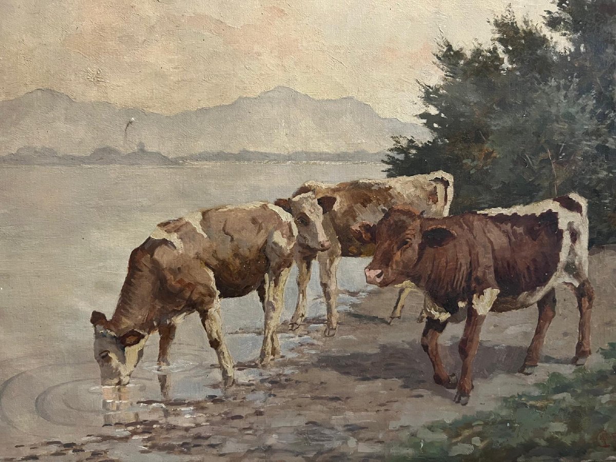 Painting Herd Of Cows, Signed Hörburger Catherine German School, 20th Century. -photo-2