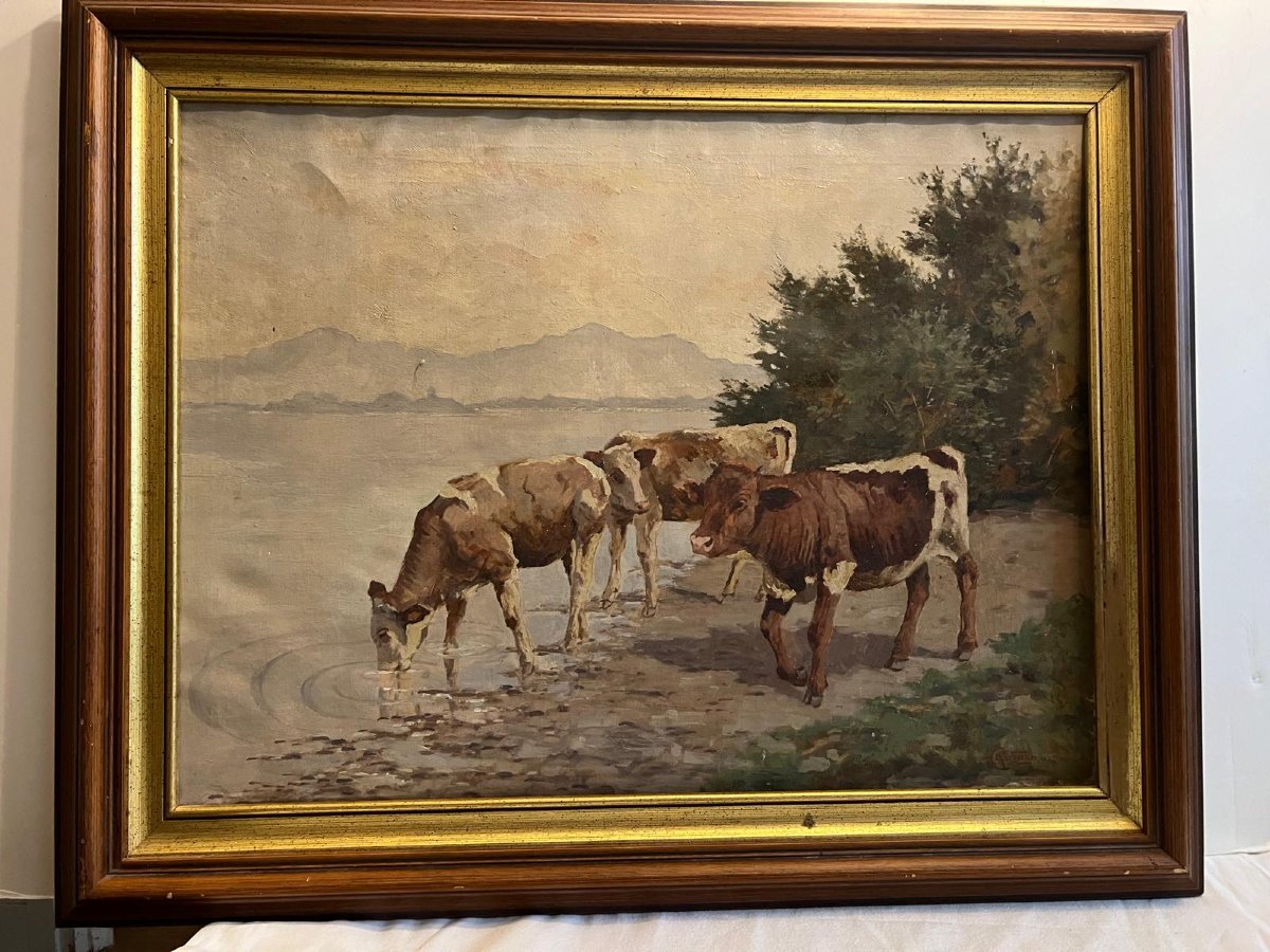 Painting Herd Of Cows, Signed Hörburger Catherine German School, 20th Century. -photo-3