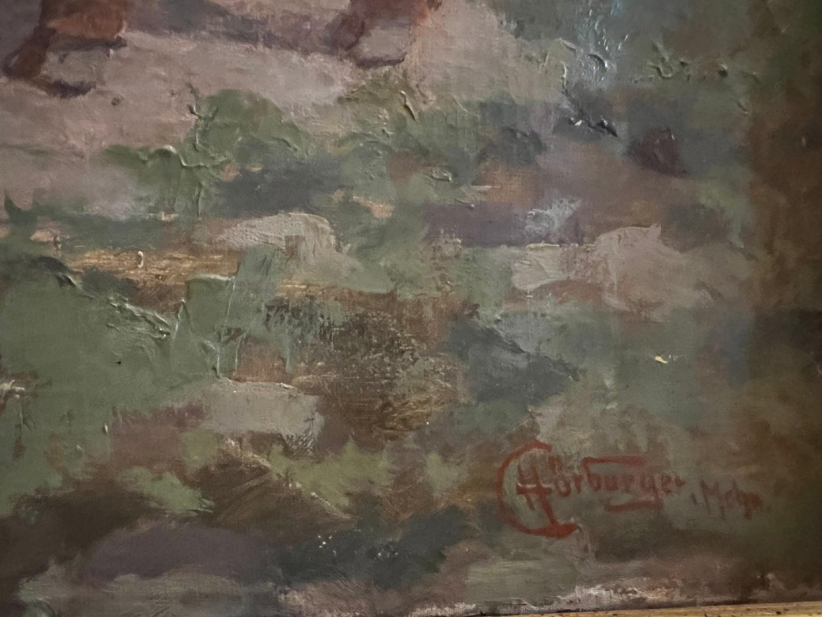 Painting Herd Of Cows, Signed Hörburger Catherine German School, 20th Century. -photo-4