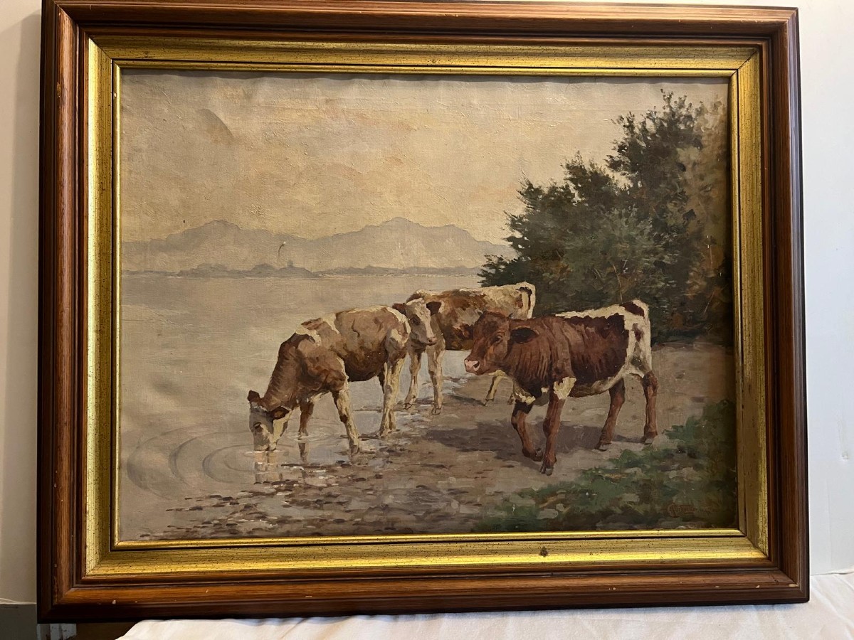 Painting Herd Of Cows, Signed Hörburger Catherine German School, 20th Century. 