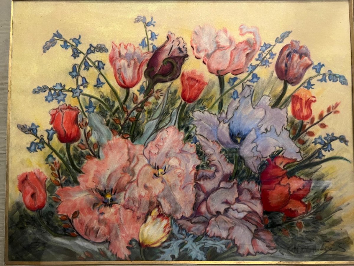 Painting Bouquet Of Tulips Signed De La Roche, Pastel On Paper. -photo-2