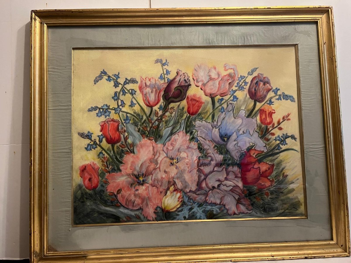 Painting Bouquet Of Tulips Signed De La Roche, Pastel On Paper. -photo-1