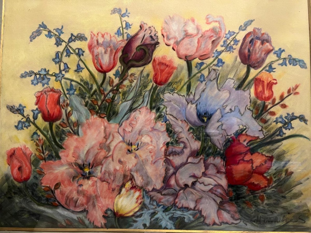 Painting Bouquet Of Tulips Signed De La Roche, Pastel On Paper. -photo-2